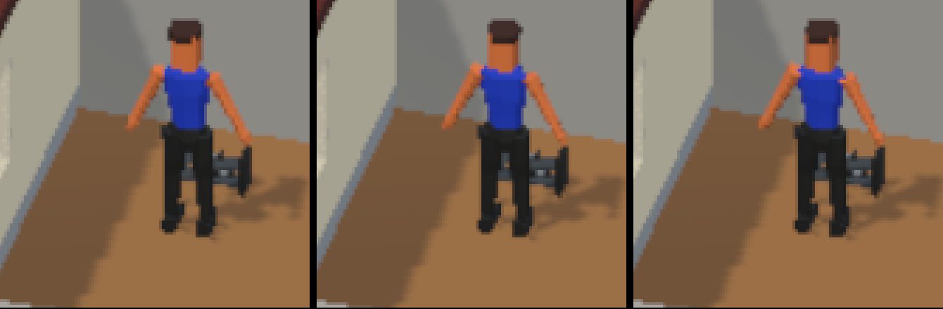 Drei Bilder einer Bewegungsfolge: die Figur trainiert mit der Hantel