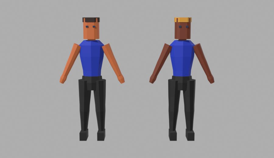 Render der beiden Low-Poly-Figuren: Spieler und Mitarbeiter in blauem Shirt, frontal