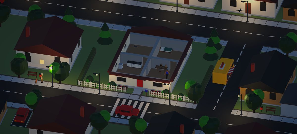 Die Strasse bei Nacht mit leuchtenden Laternen und hellen Fenstern