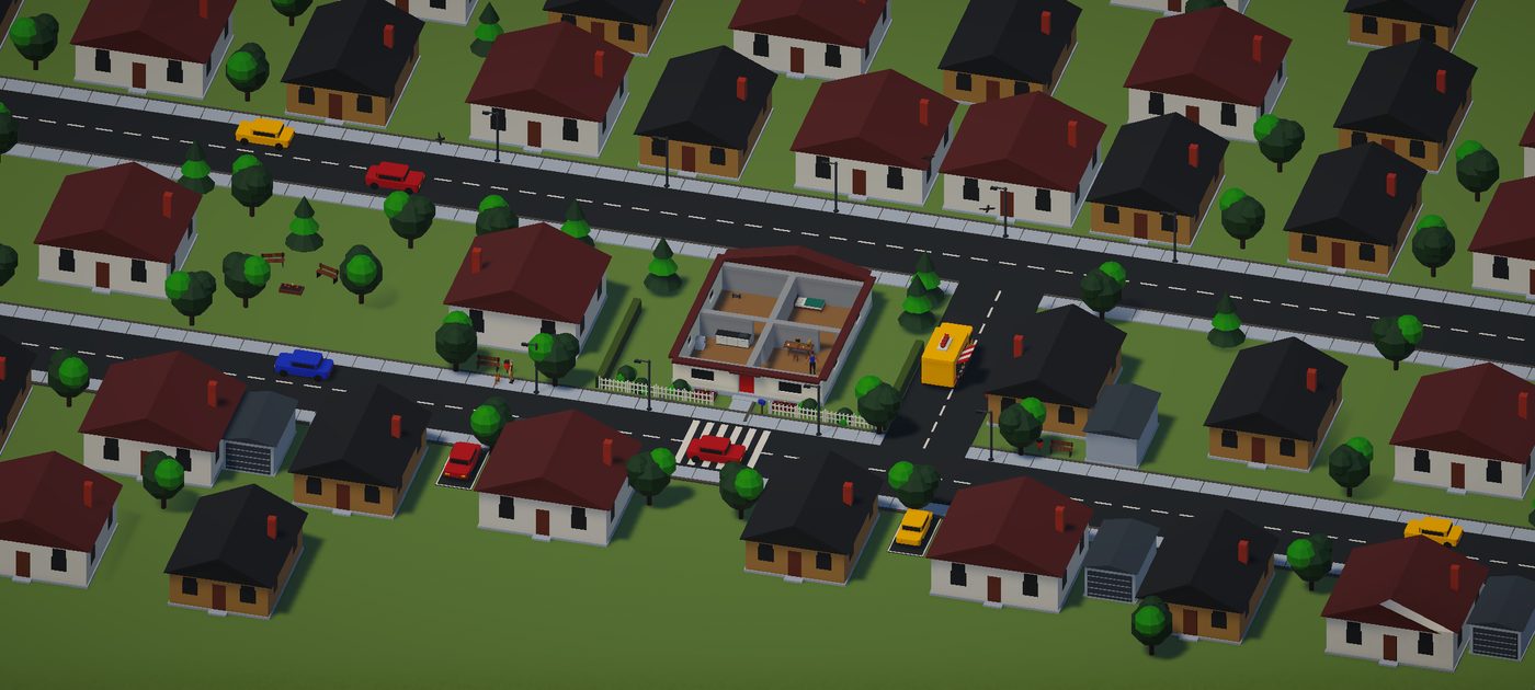 Weite isometrische Ansicht der Vorstadt mit Strassen, Autos, Häusern und Bäumen, in der Mitte das Spielerhaus