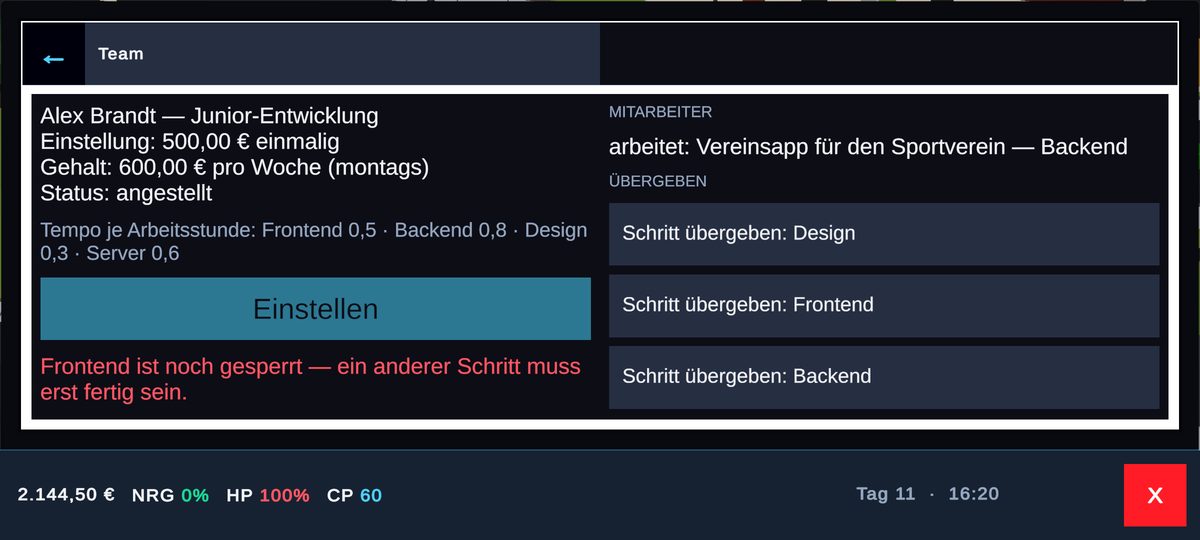 Team-App: Mitarbeiter arbeitet an der Vereinsapp für den Sportverein, Backend; Liste der übergebbaren Schritte