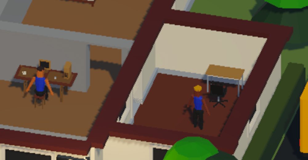 Links die Spielfigur am Schreibtisch im Büro, rechts der Mitarbeiter im neuen Teamraum